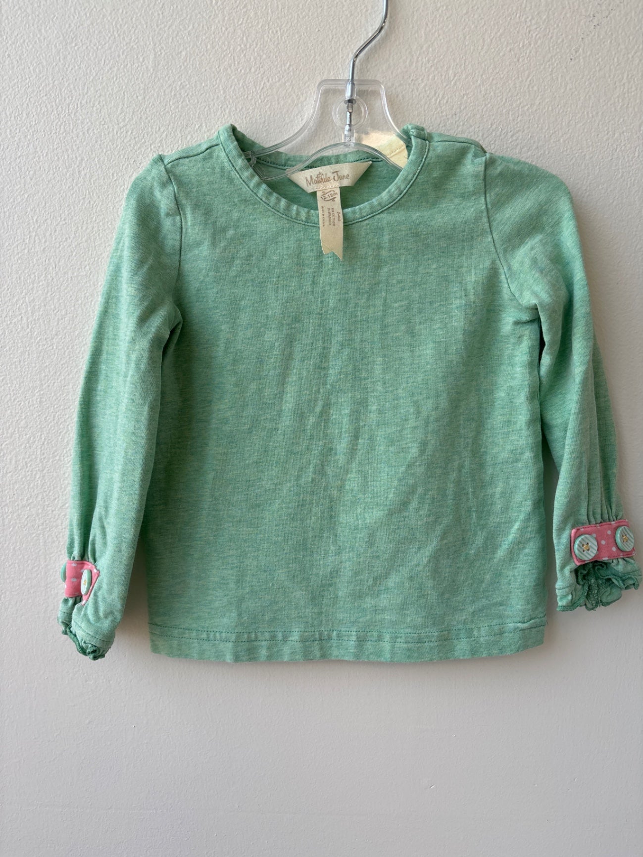 Matilda Jane | 12 - 18 Months | Long Sleeve T-Shirt - Green - Button Detail on Sleeve