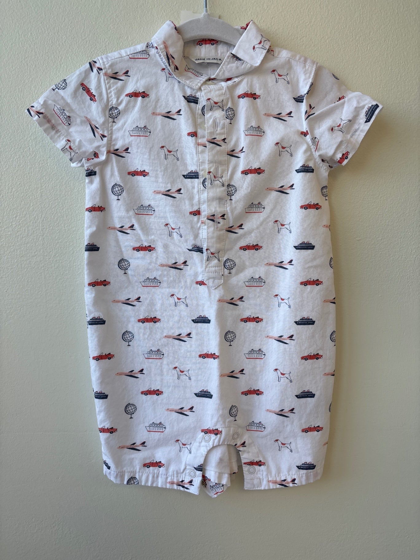 Janie and Jack | 12 - 18 Months | Romper - White - Transportation Print with Collar
