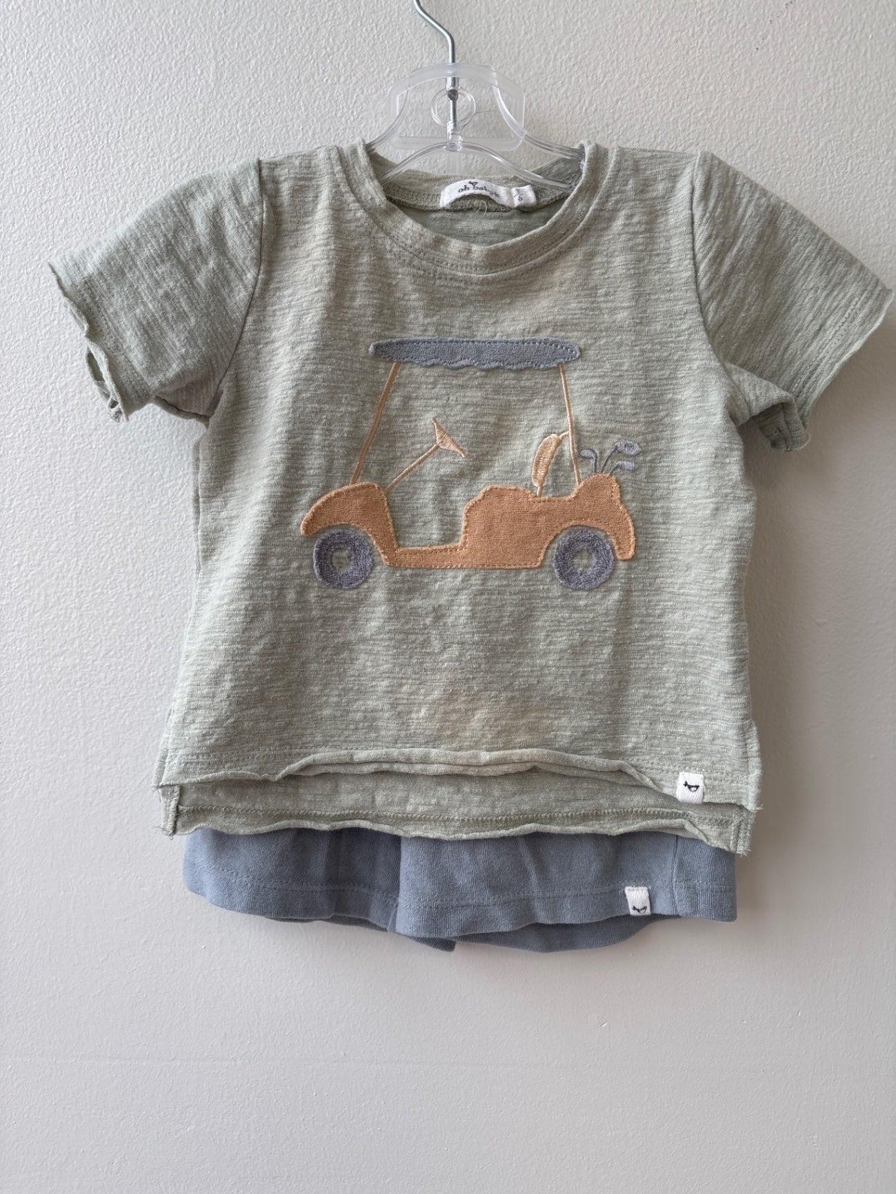 Oh Baby | 3 - 6 Months | 2 Piece Ensemble - Green - T-Shirt + Shorts - Golf Cart