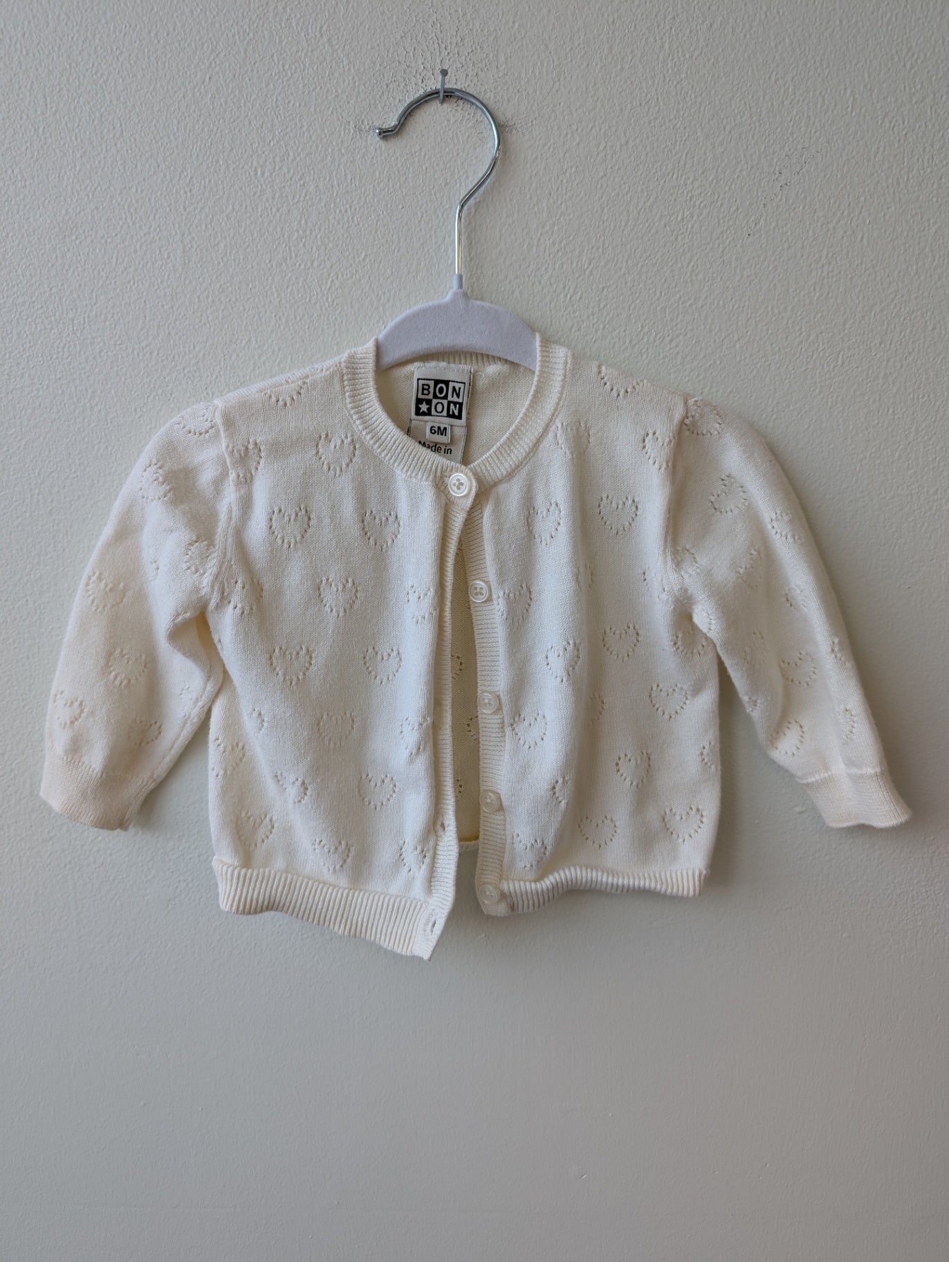 Bonton | 6 Months | Sweater - Beige - Pointelle Heart Cardigan