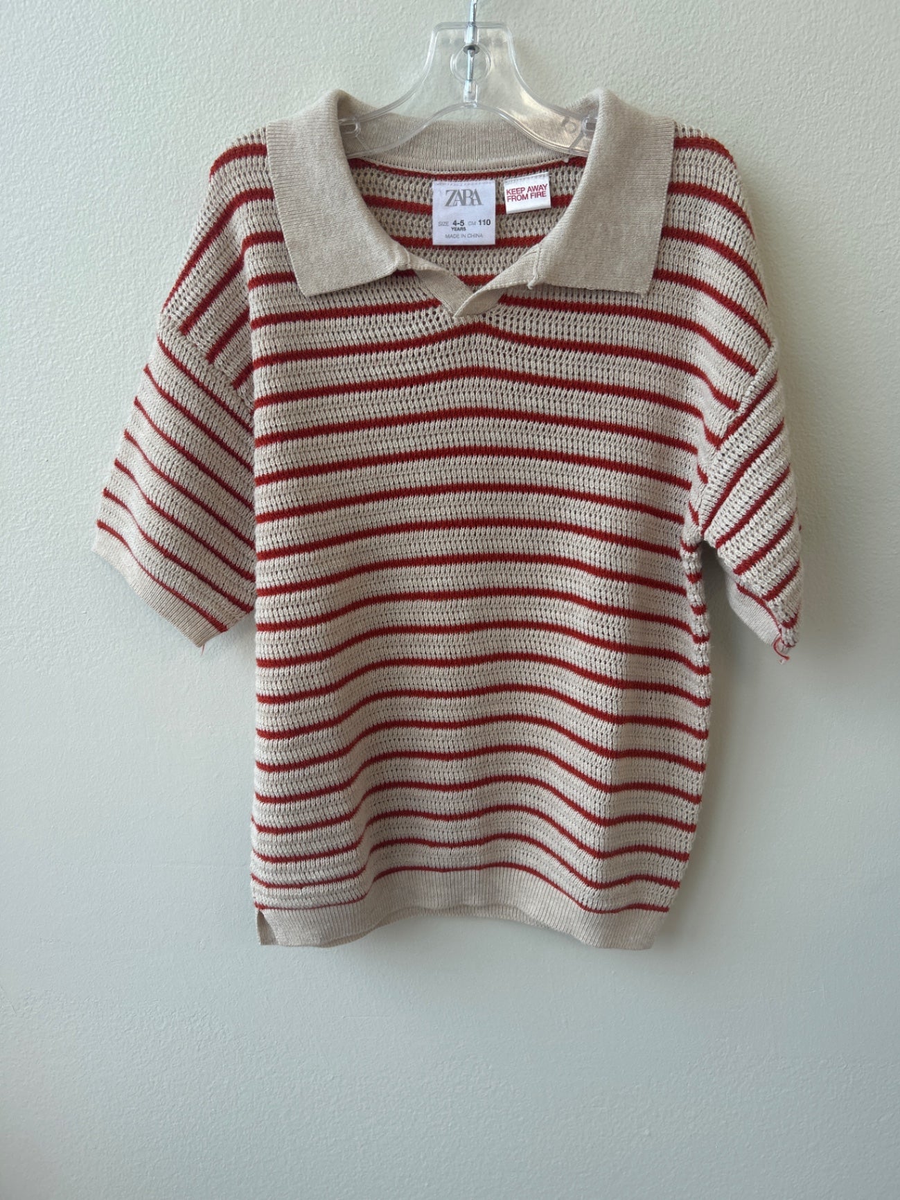 Zara | 4T/5T | Shirt - Cream - Crochet Knit with Red Stripes