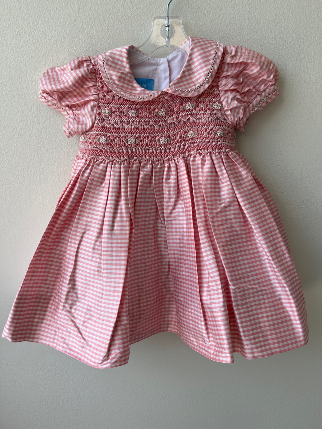 Anavini - Pink Gingham 100% Silk Hand Smocked with Bloomers | size 9 Months