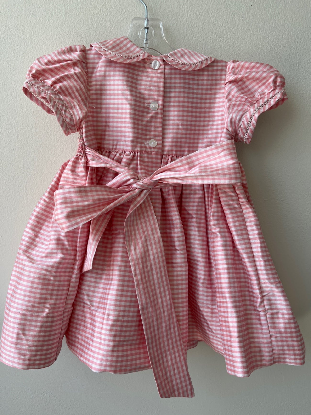 Anavini - Pink Gingham 100% Silk Hand Smocked with Bloomers | size 9 Months
