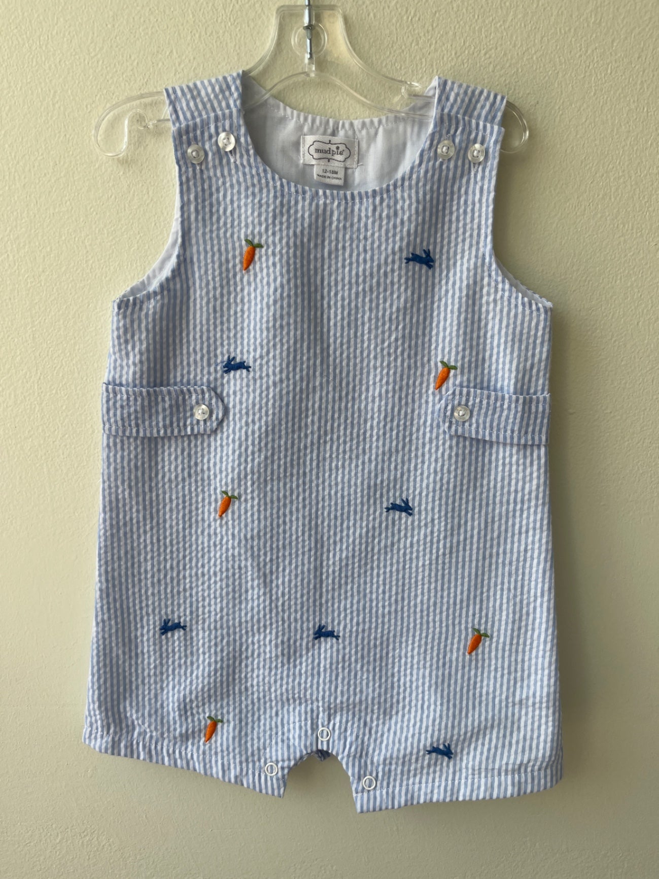 Mud Pie Romper - Blue Seersucker with Carrots & Bunnies | size 12 - 18 Months