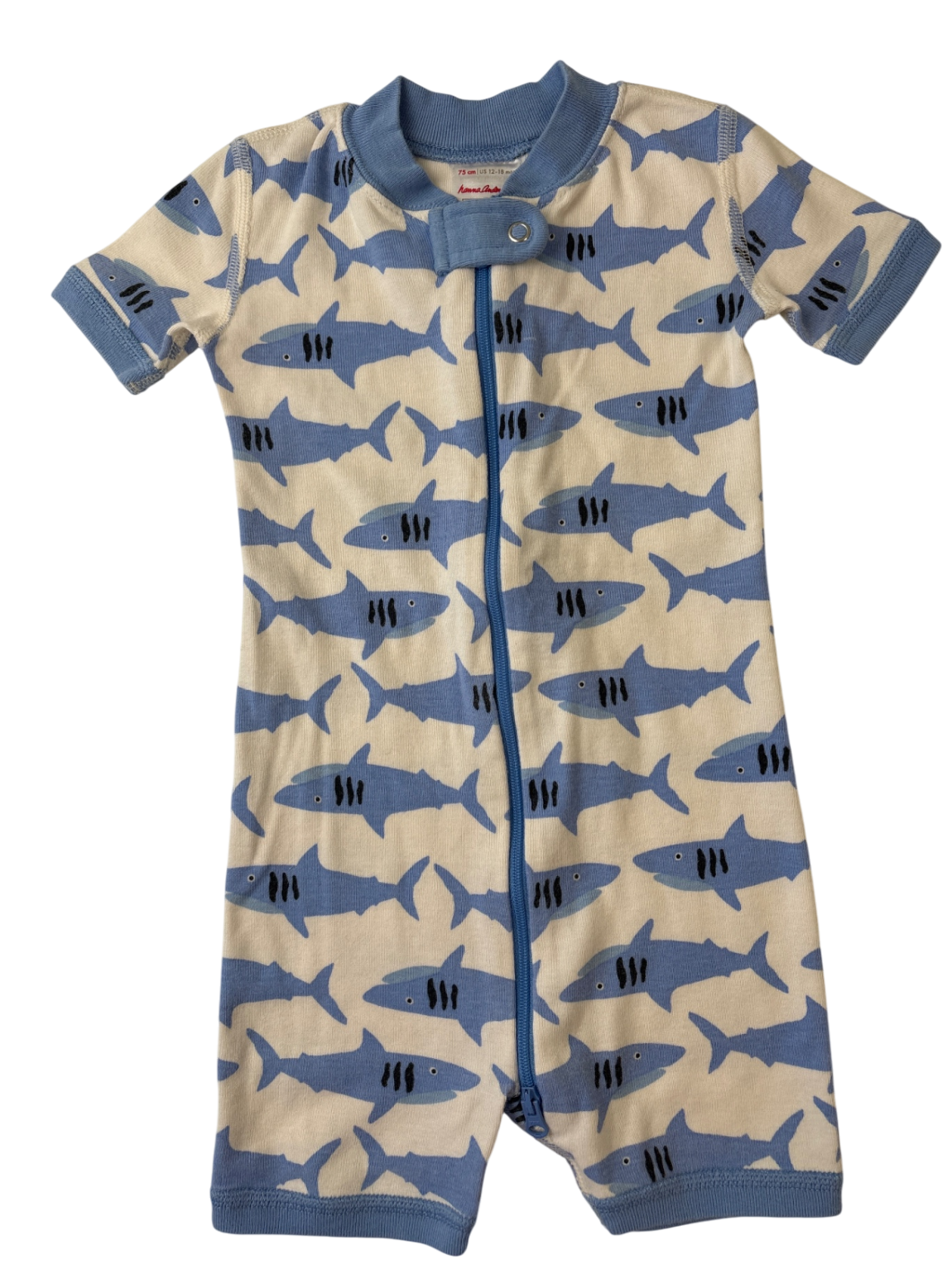 Hanna Andersson Pajamas - Blue Baby 2-Way Zip Shortie Sleeper Shark | size 12 - 18 Months