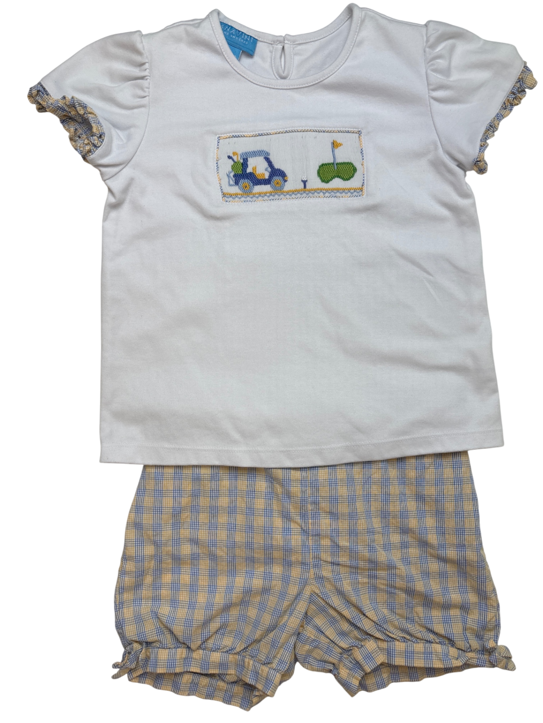 Anavini 2 Piece Ensemble - Yellow/ Blue Plaid Hand Smocked Top & Shorts Golf | size 8