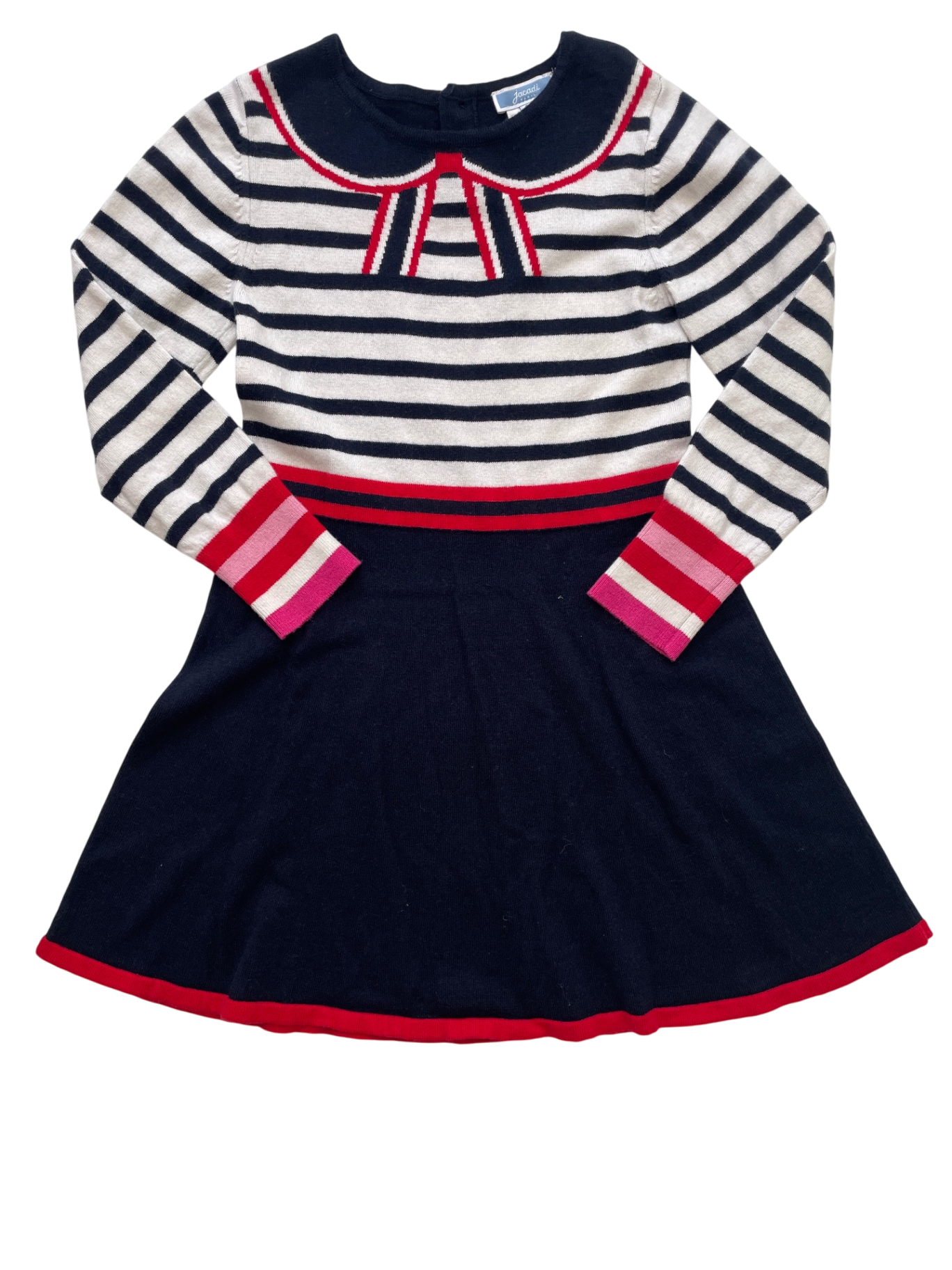 Jacadi Dress - Navy Blue Knit Striped w/ Bow | size 6
