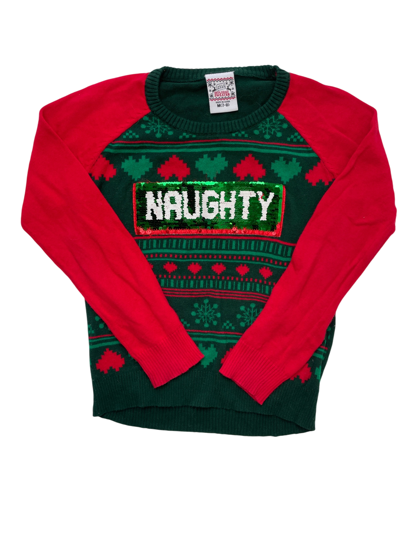Well Worn Holiday Sweater Sweater - Green Christmas Sequin Naughty/Nice | size 7/8