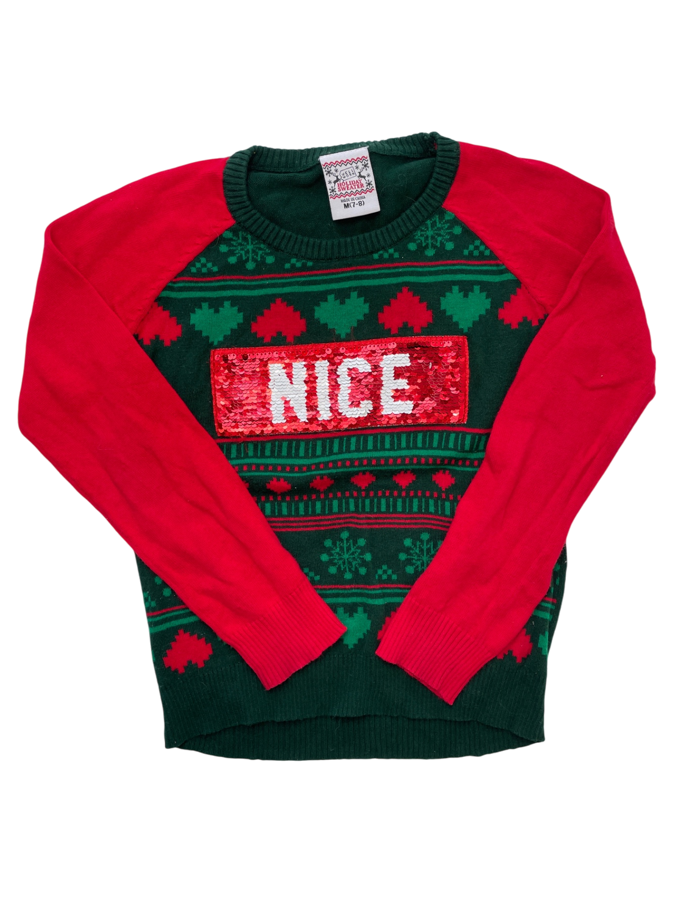 Well Worn Holiday Sweater Sweater - Green Christmas Sequin Naughty/Nice | size 7/8