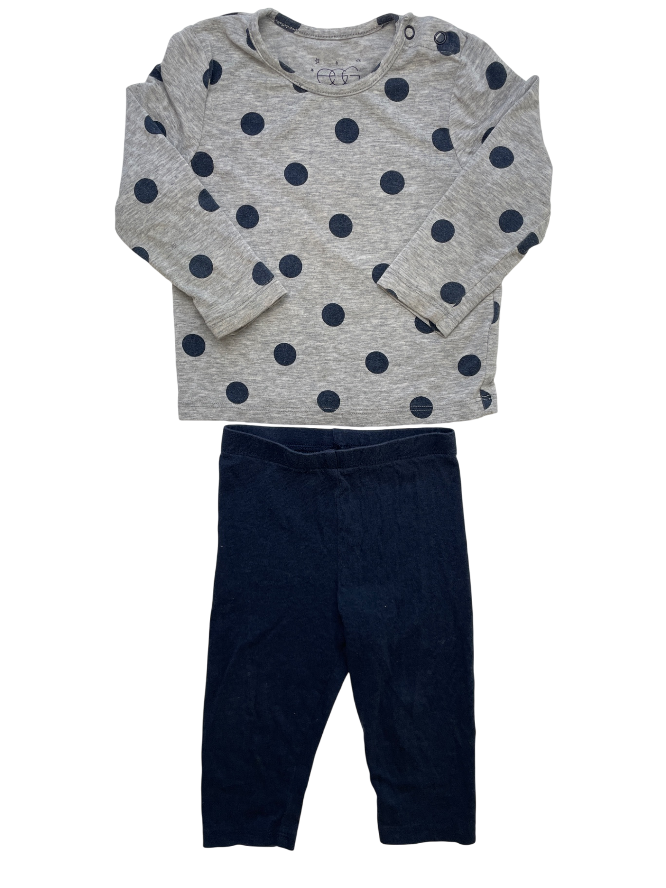 EGG New York 2 Piece Ensemble - Gray/Blue Polka Dot Shirt + Leggings | size 6 - 12 Months