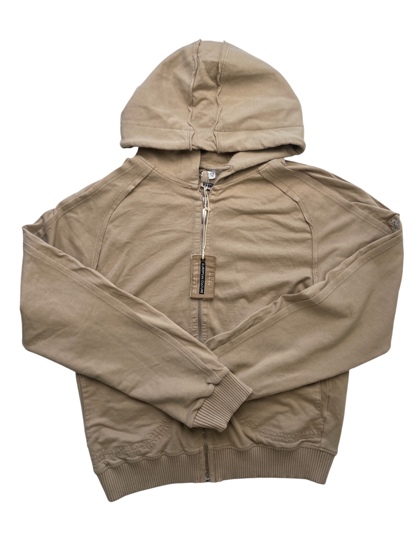 European Culture Sweatshirt - Tan Zip Up Hoodie Raw Hem Made in Italy | size 12