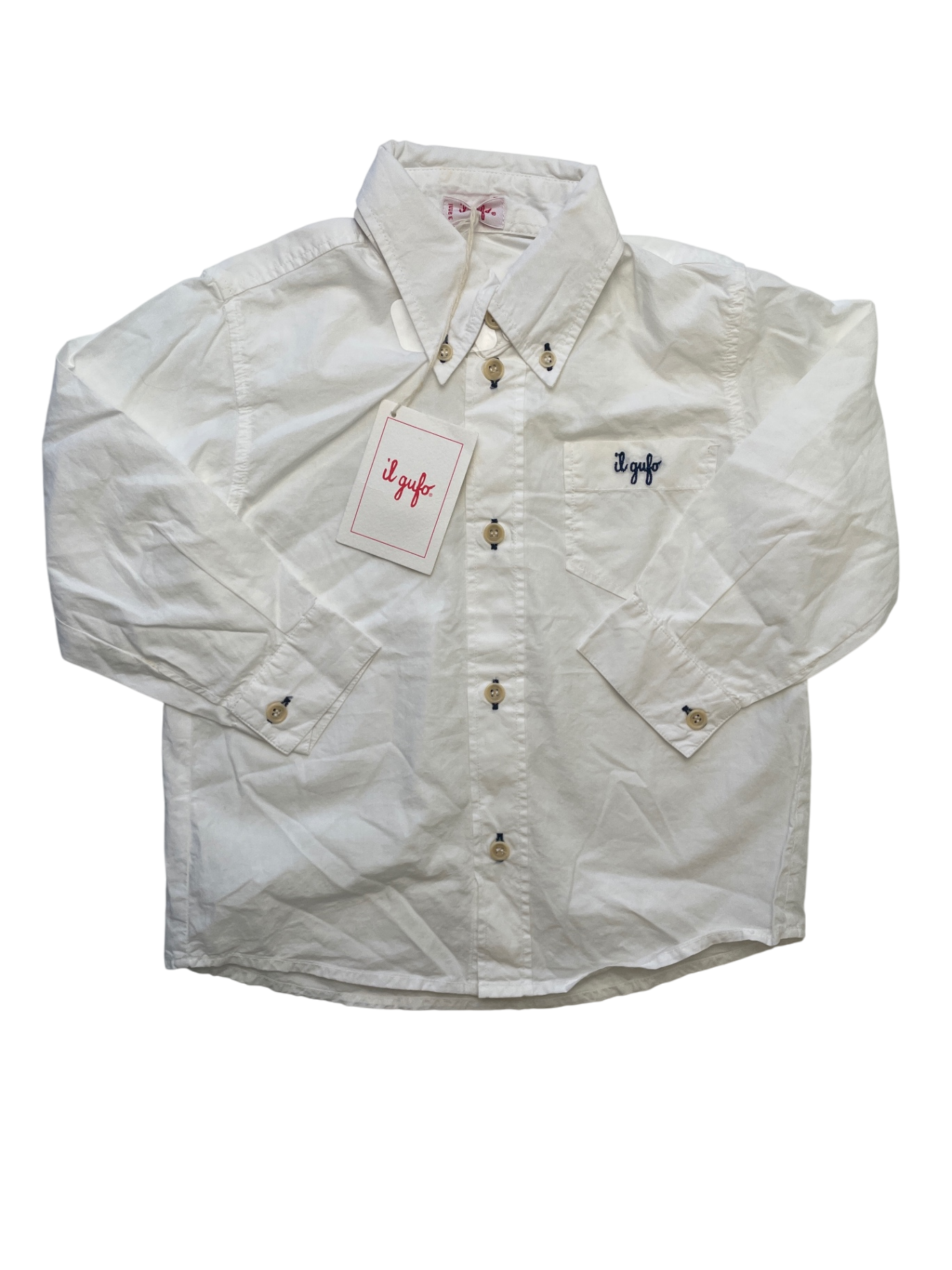 il gufo Shirt - White 100% Cotton Button Up w/ Navy Accents | size 3T