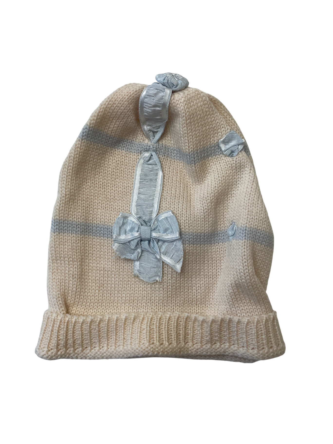 Story Loris Hat - Cream Knit Stripes w/ Ribbon 100% Wool Made in Italy | size 6 Months