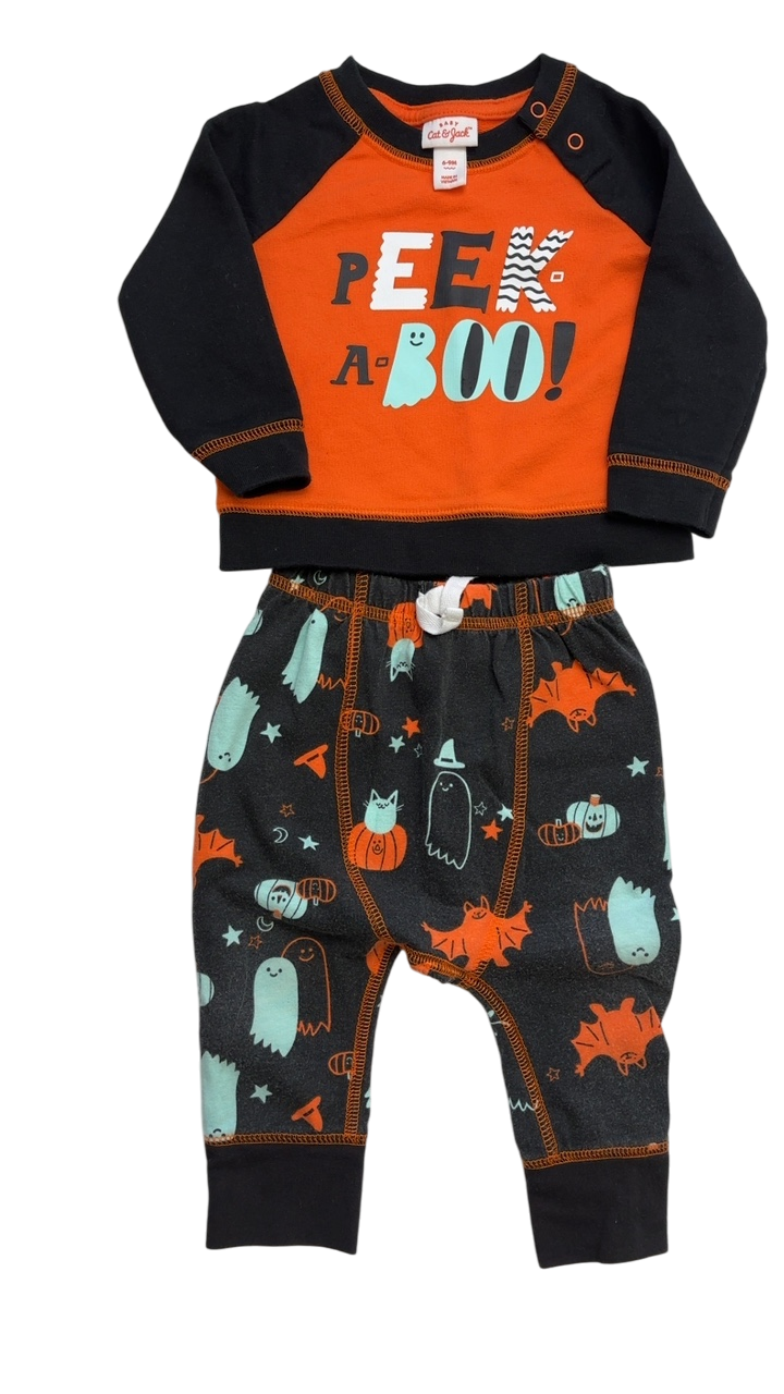 Cat & Jack Halloween Clothing - Orange Two Piece Ensemble Peek a Boo Ghost Pattern | size 6 - 9 Months