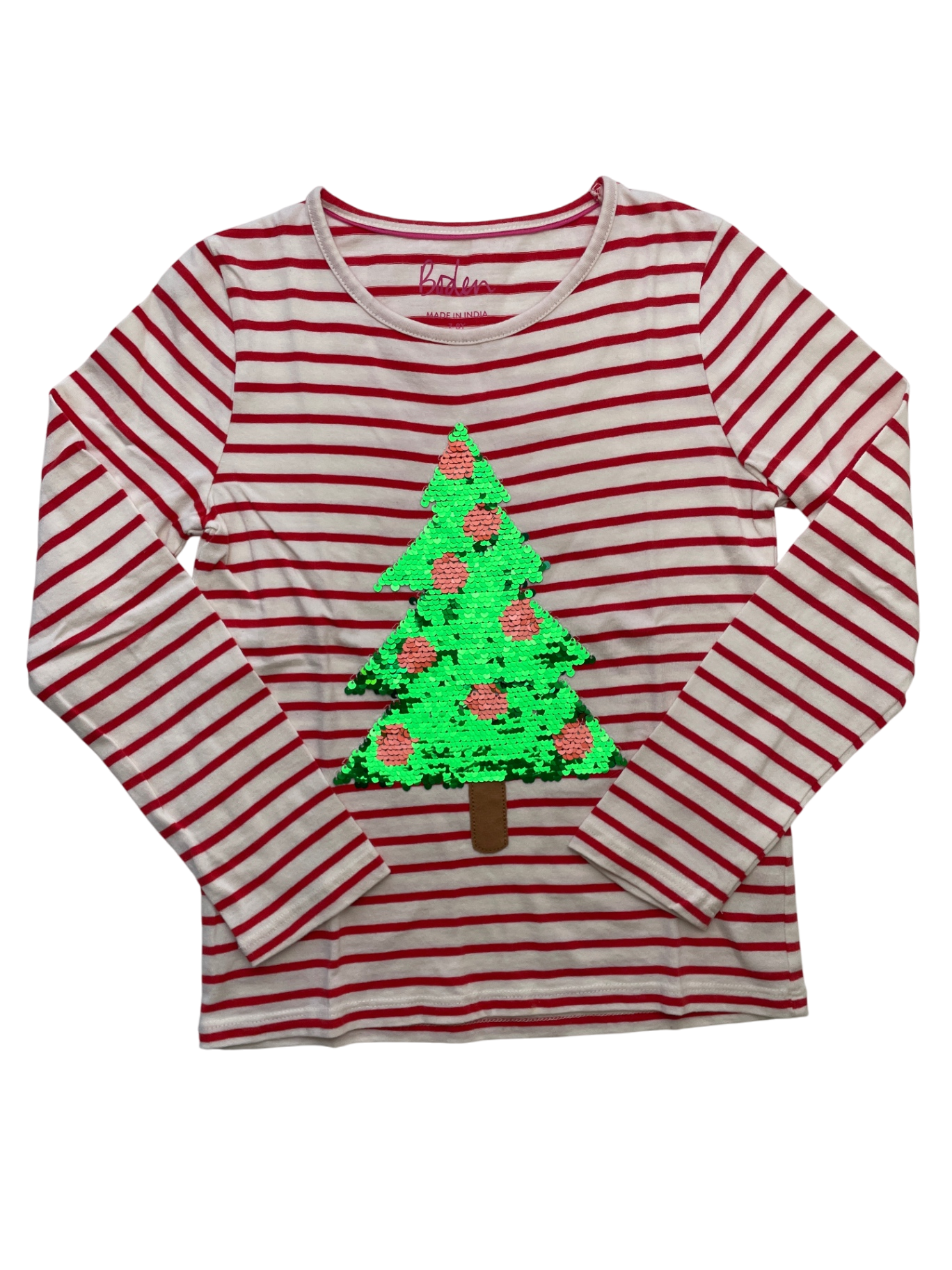 Boden Long Sleeve T-Shirt - Red Stripes + Reversible Sequins | size 7/8