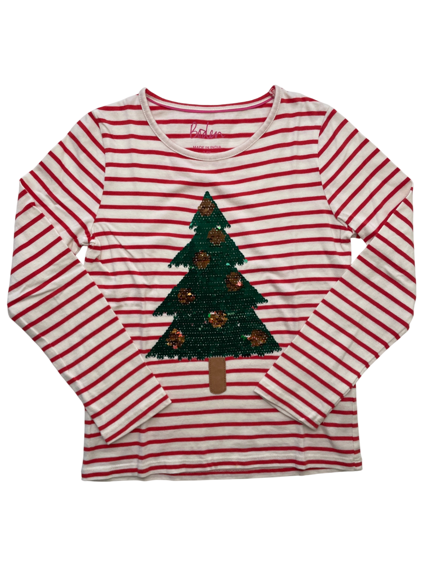 Boden Long Sleeve T-Shirt - Red Stripes + Reversible Sequins | size 7/8