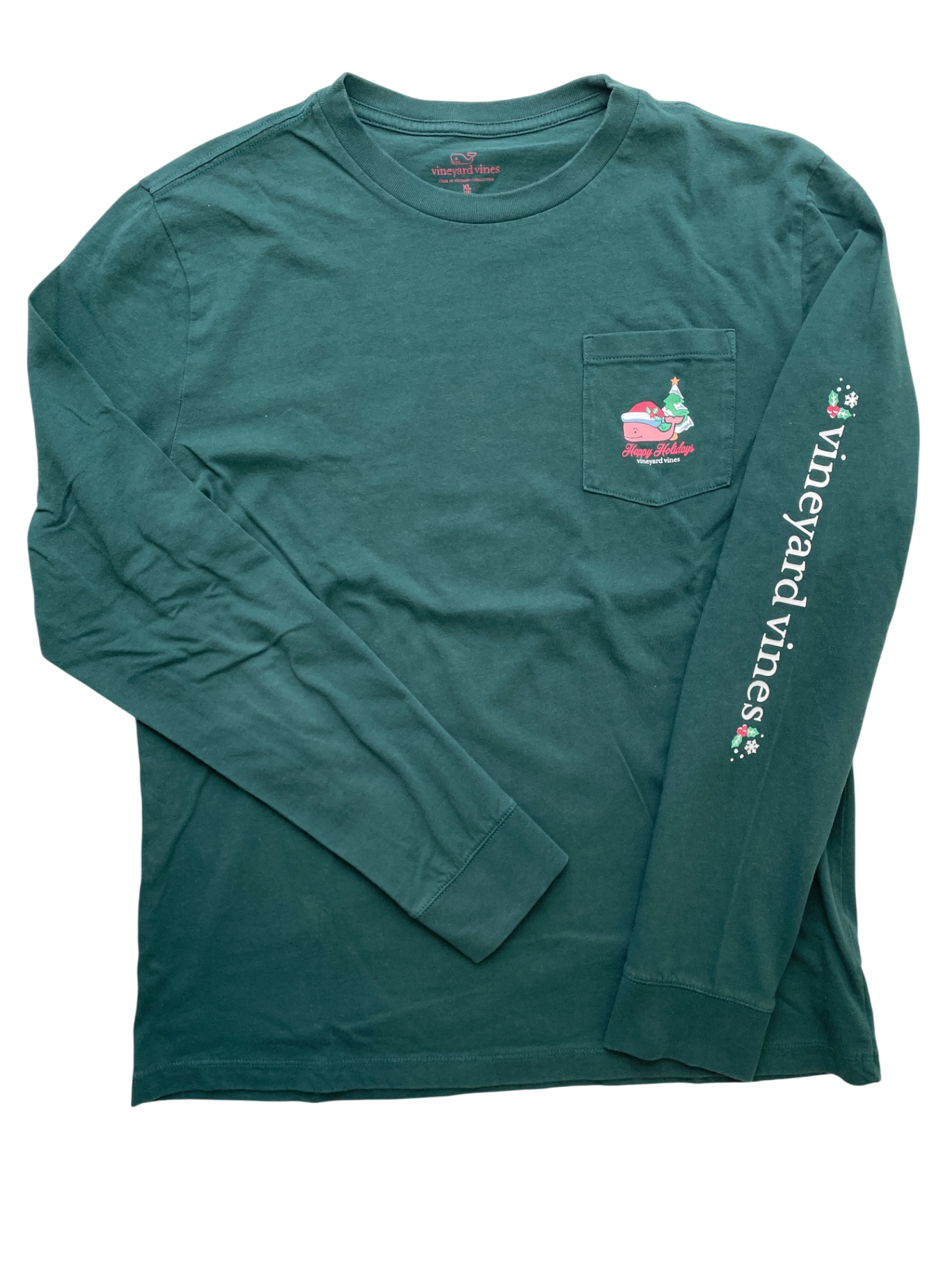 Vineyard Vines Long Sleeve T-Shirt - Green Happy Holidays Graphic | size 18