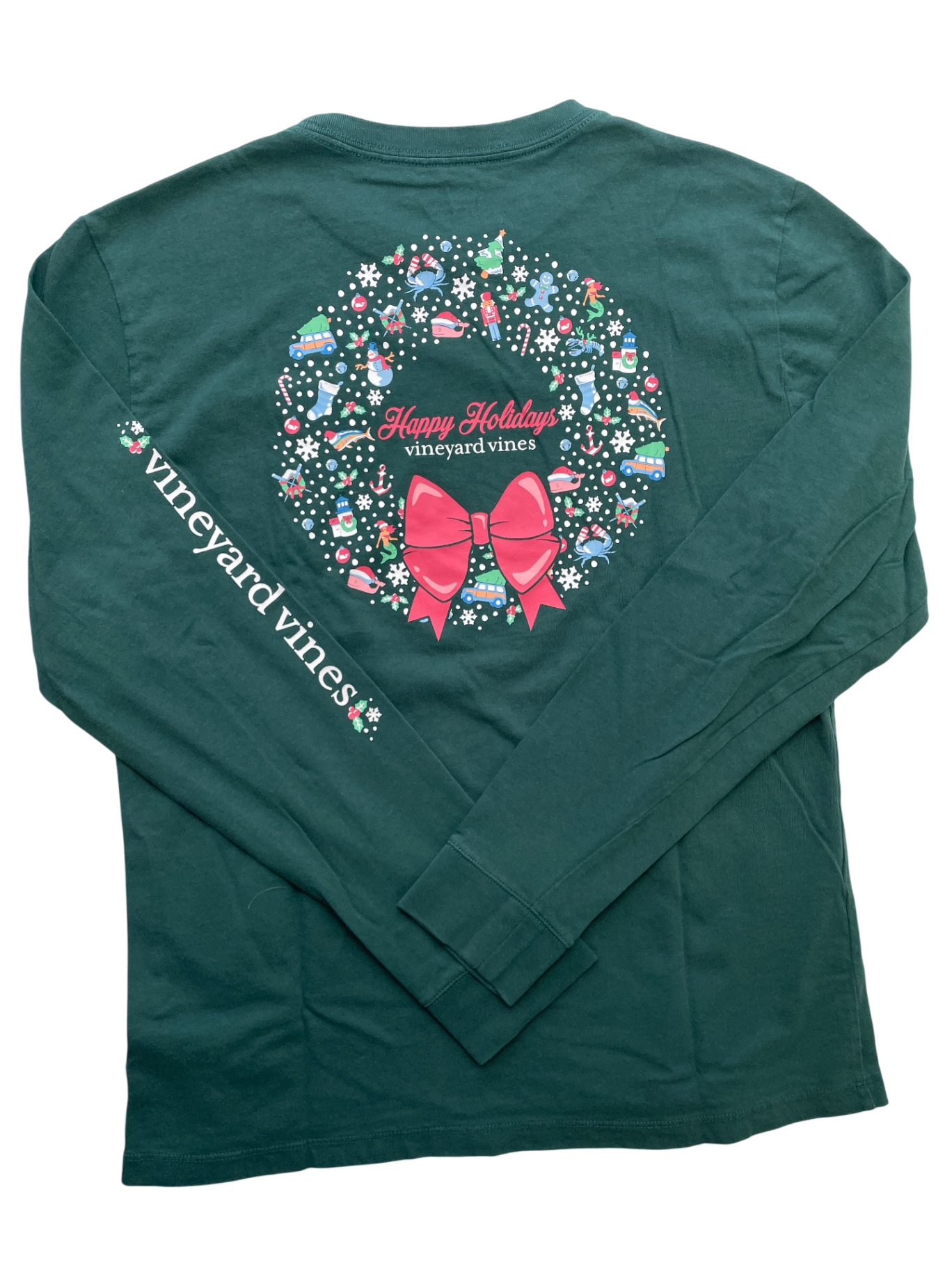 Vineyard Vines Long Sleeve T-Shirt - Green Happy Holidays Graphic | size 18
