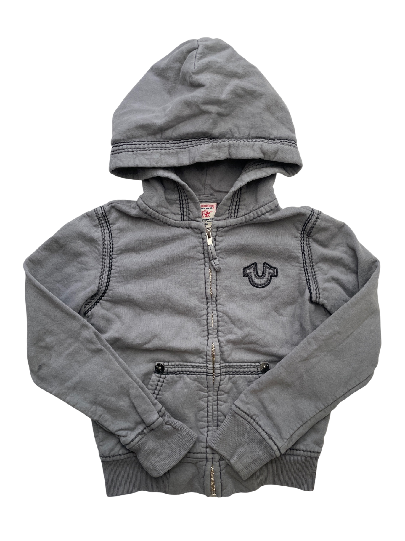 True Religion Sweatshirt - Gray Full Zip Hoodie Black Stitching 