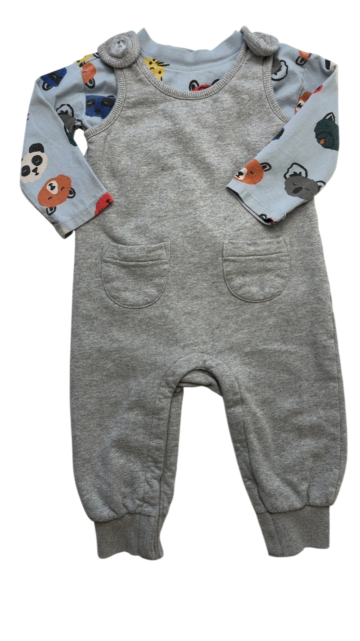 Hanna Andersson 2 Piece Ensemble - Gray Baby Long Sleeve T-Shirt & Overalls Set | size 18 - 24 Months
