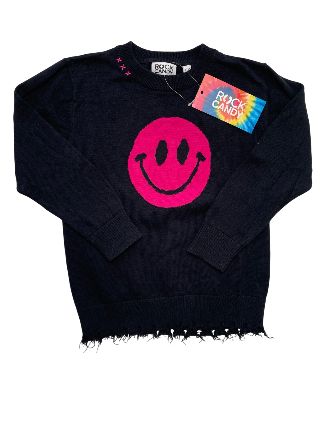 Rock Candy Sweater - Black Smiley Face Distressed Hem | size 6