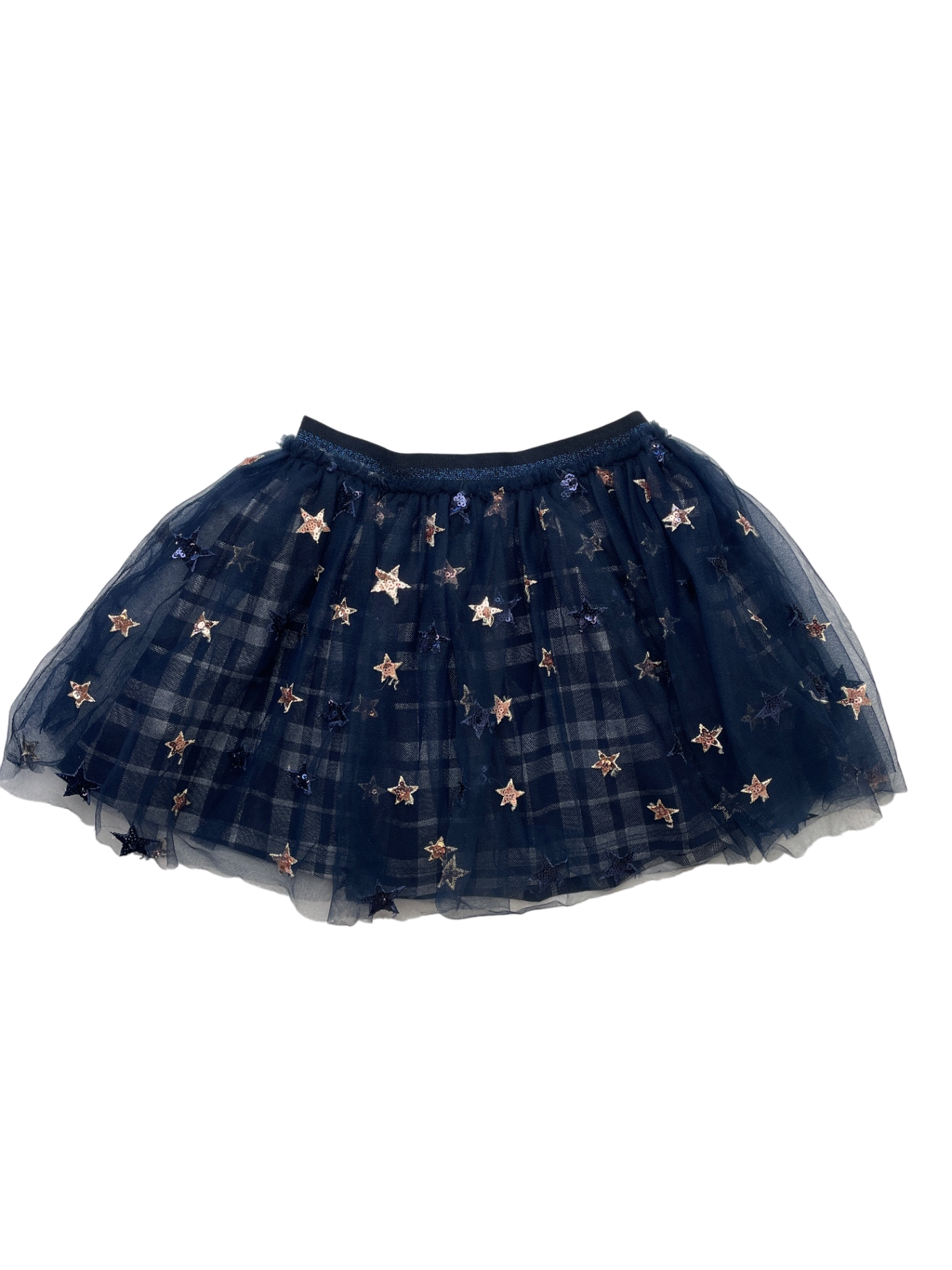 Hannah Banana Skirt - Navy Blue Plaid + Tulle w/ Sequin Stars | size 5T
