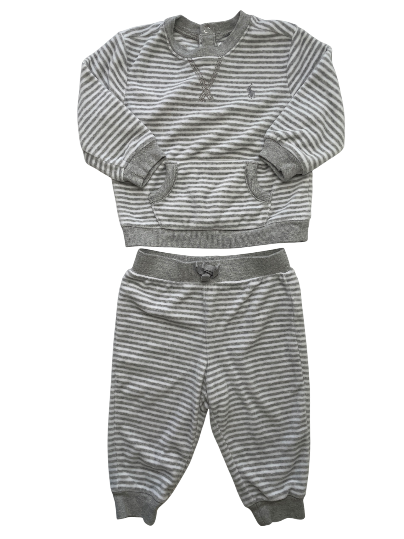 Ralph Lauren 2 Piece Ensemble - Gray Striped Velour Sweatshirt + Joggers | size 9 Months
