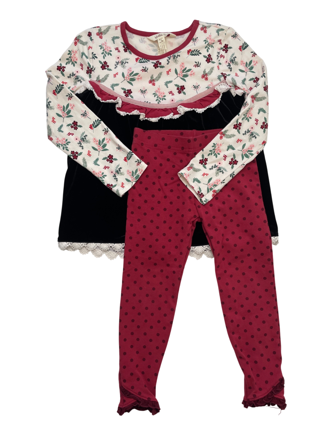 Matilda Jane 2 Piece Ensemble - Red Floral Velvet Dress + Polka Dot Leggings | size 4T