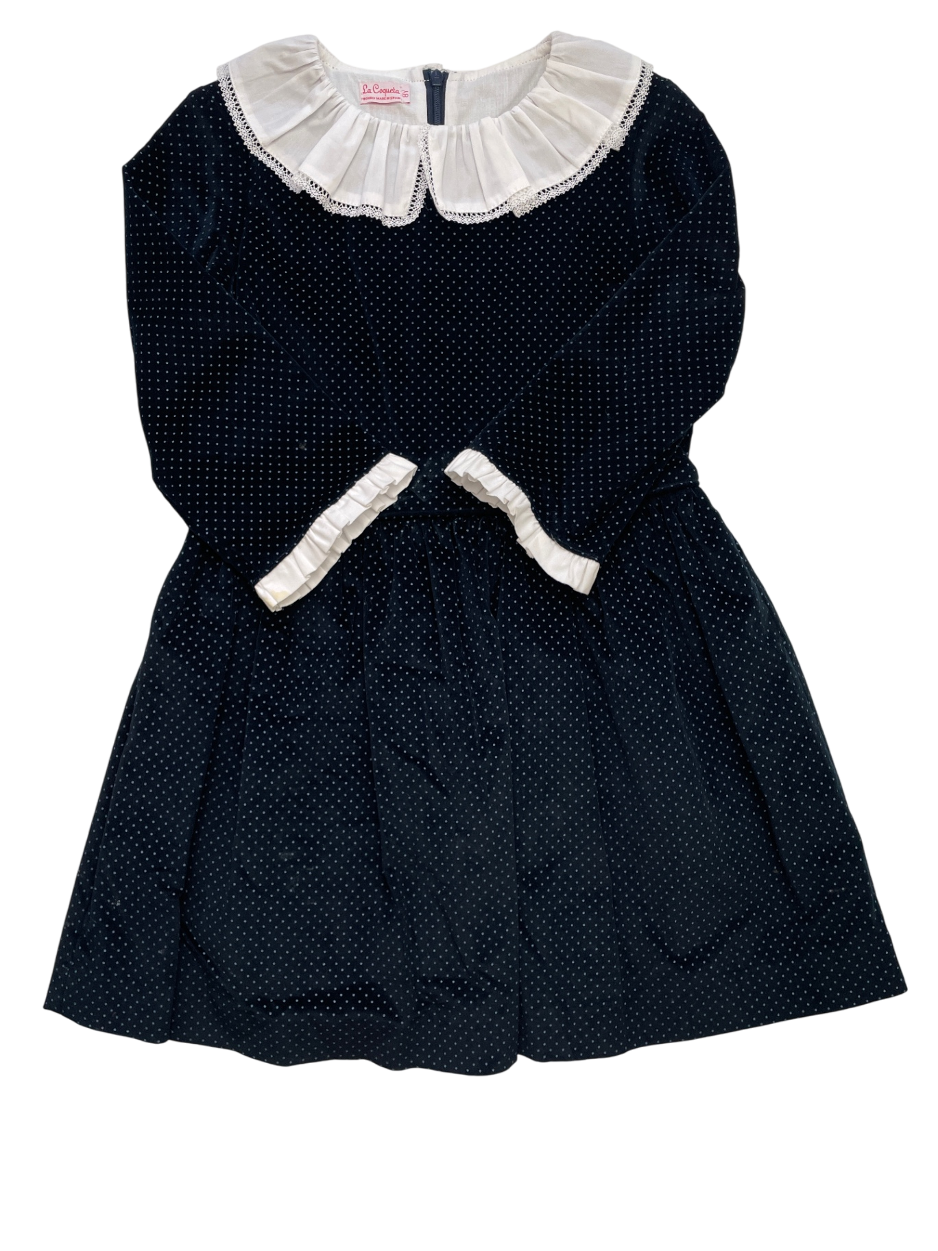 La Coqueta Dress - Navy Blue Polka Dot Velvet + Collar | size 8
