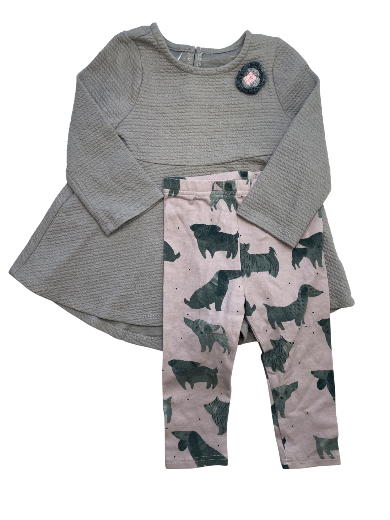 Pippa & Julie 2 Piece Ensemble - Gray Dress + Dog Pattern Leggings | size 24 Months