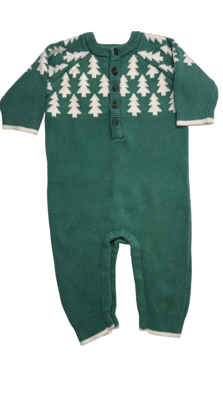 Hanna Andersson One-Piece - Green Holiday Tree Sweater Romper | size 12 - 18 Months