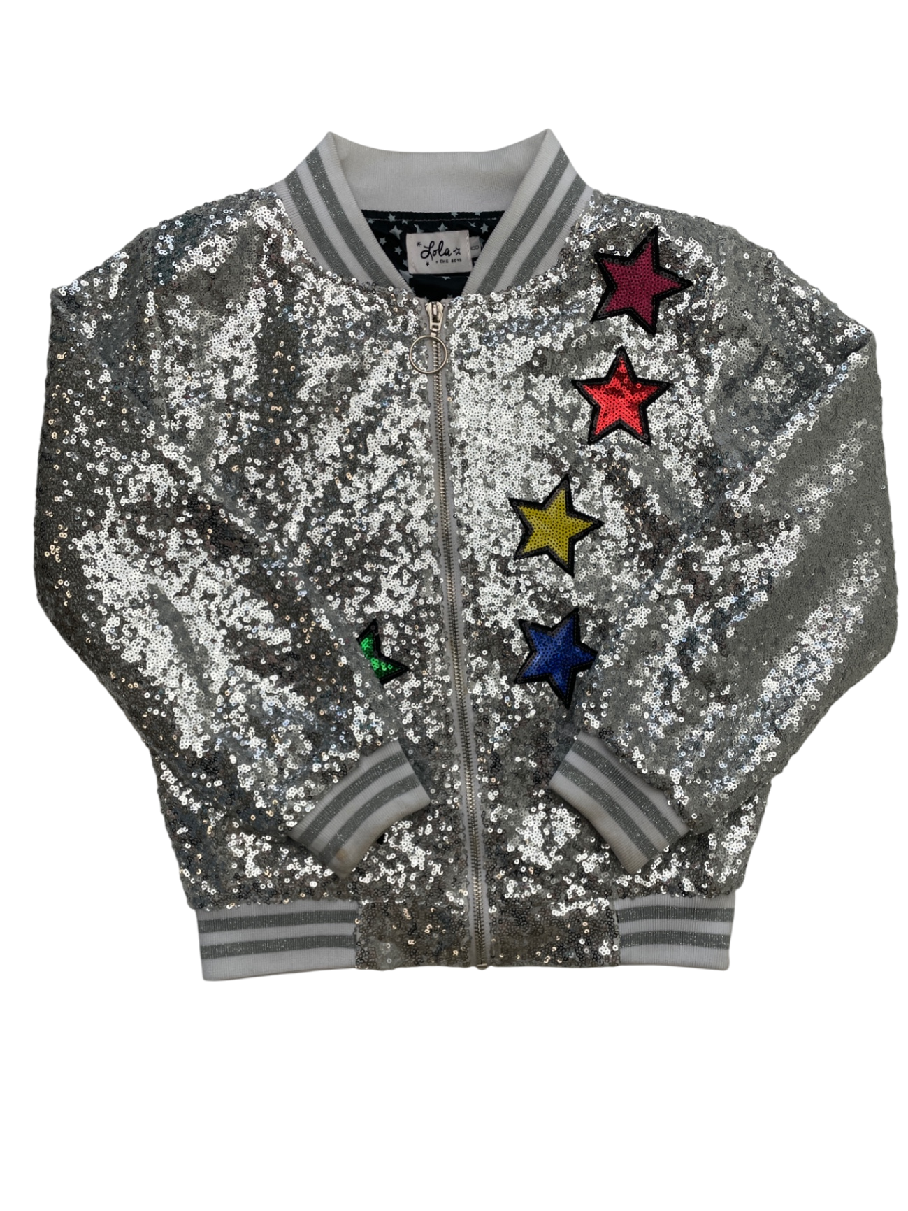 Lola & The Boys Jacket - Silver Sequin Star Bomber | size 8