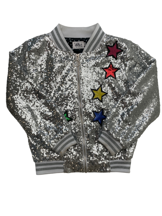 Lola & The Boys Jacket - Silver Sequin Star Bomber | size 8