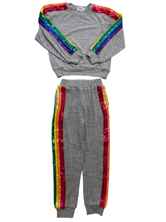 Lola & The Boys 2 Piece Ensemble - Gray Rainbow Sequin Sweatshirt + Joggers | size 8