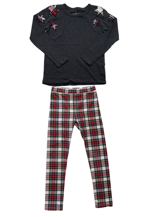 Crewcuts 2 Piece Ensemble - Gray Star Long Sleeve T-Shirt + Plaid Leggings | size 6/7
