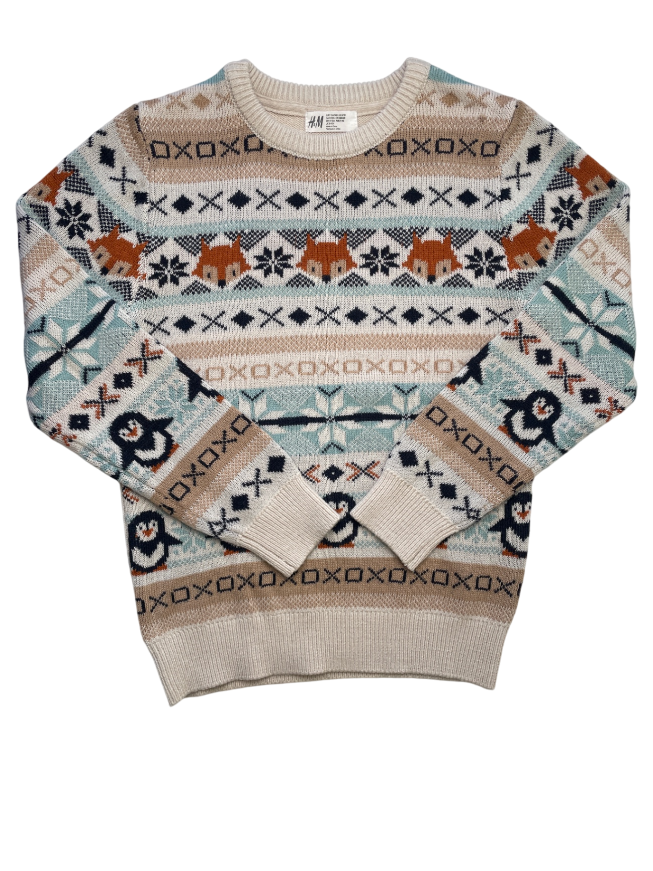 H & M Sweater - Tan Fox Penguin Knit Pattern | size 8/10