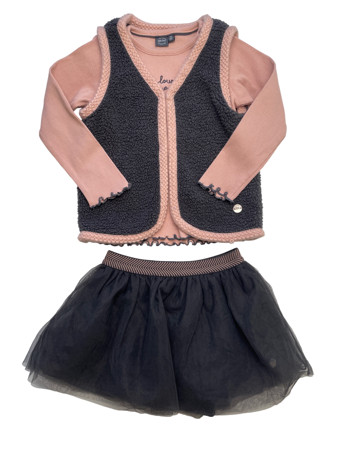 Babyface 3 Piece Ensemble - Pink Sherpa Vest + Ribbed Long Sleeve + Tulle Skirt | size 2T