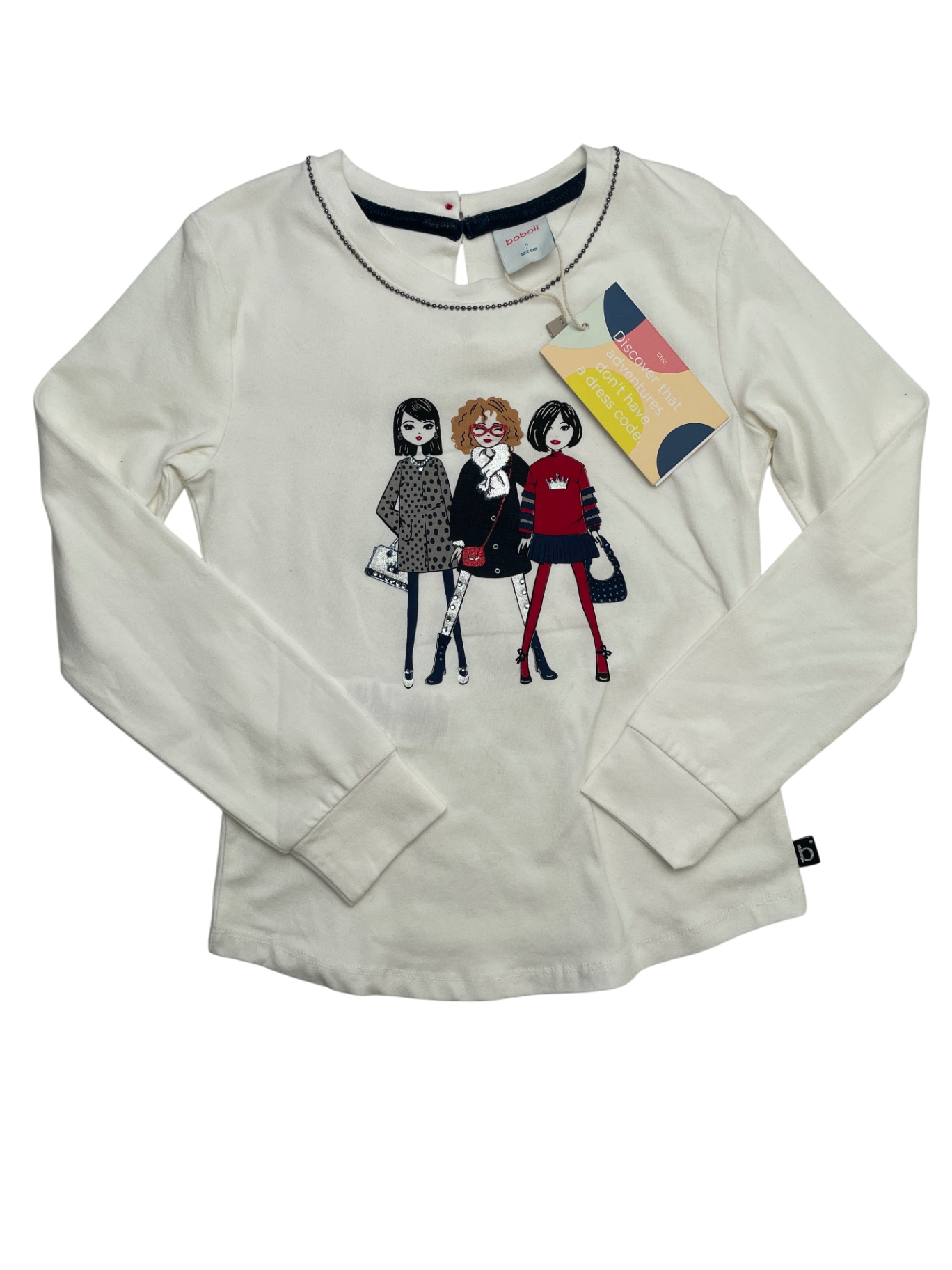 Boboli Long Sleeve T-Shirt - White 3 Girls Graphic + Sequins + Beaded Collar | size 7