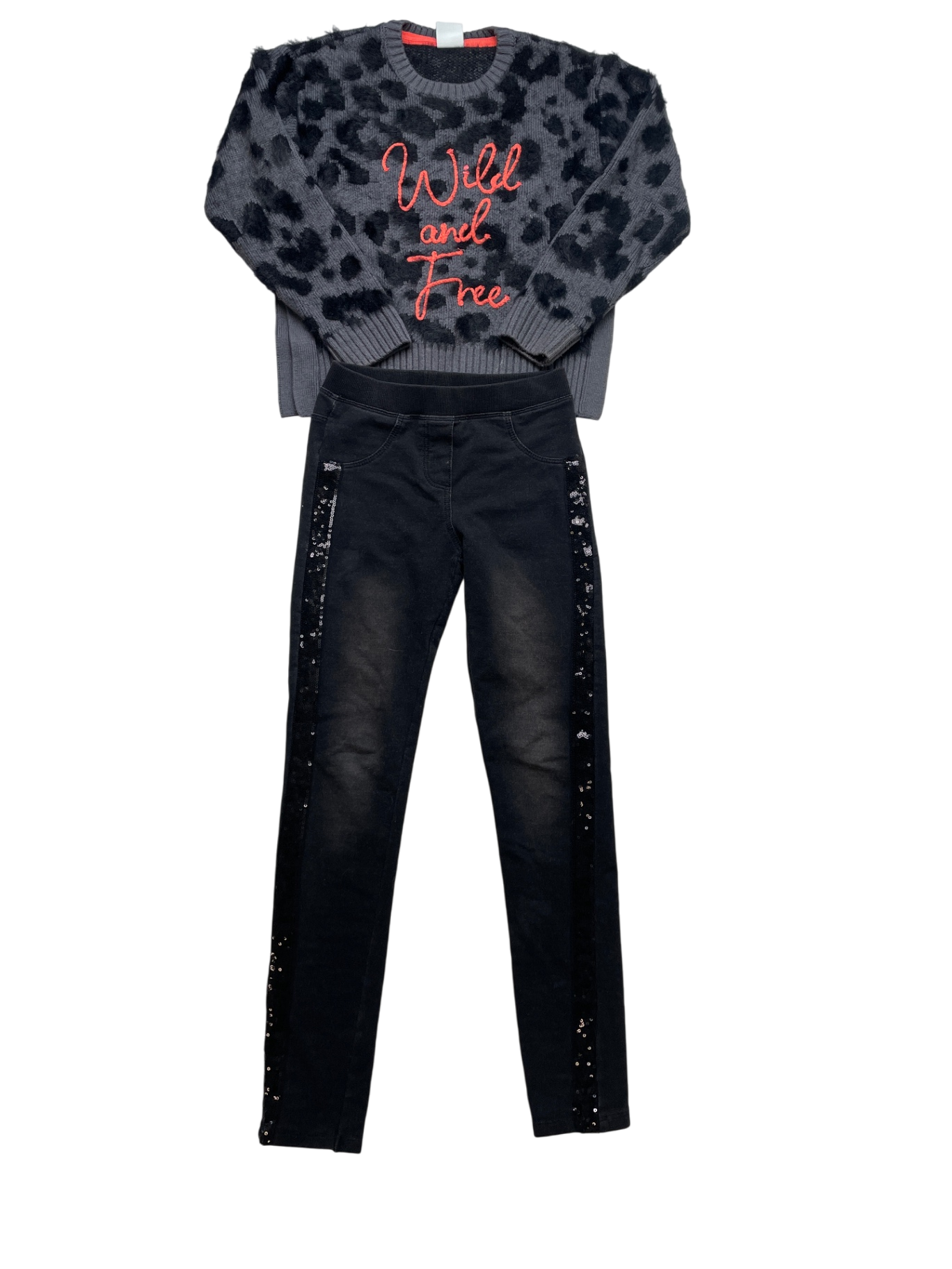 Boboli 2 Piece Ensemble - Black 'Wild and Free' Sweater + Sequin Skinny Jeans | size 8