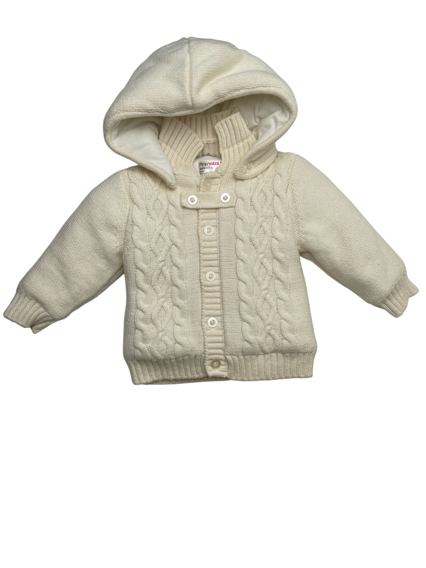 Prenatal Sweater - White Cotton Lined Cable Knit w/ Hood | size 1 - 3 Months