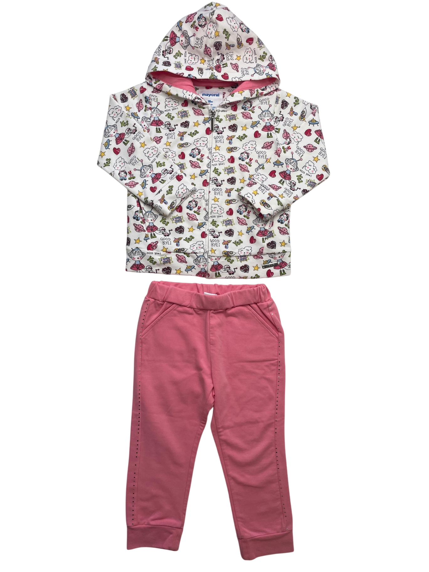 Mayoral 2 Piece Ensemble - Pink Graphic Full Zip Hoodie + Leggings | size 18 Months
