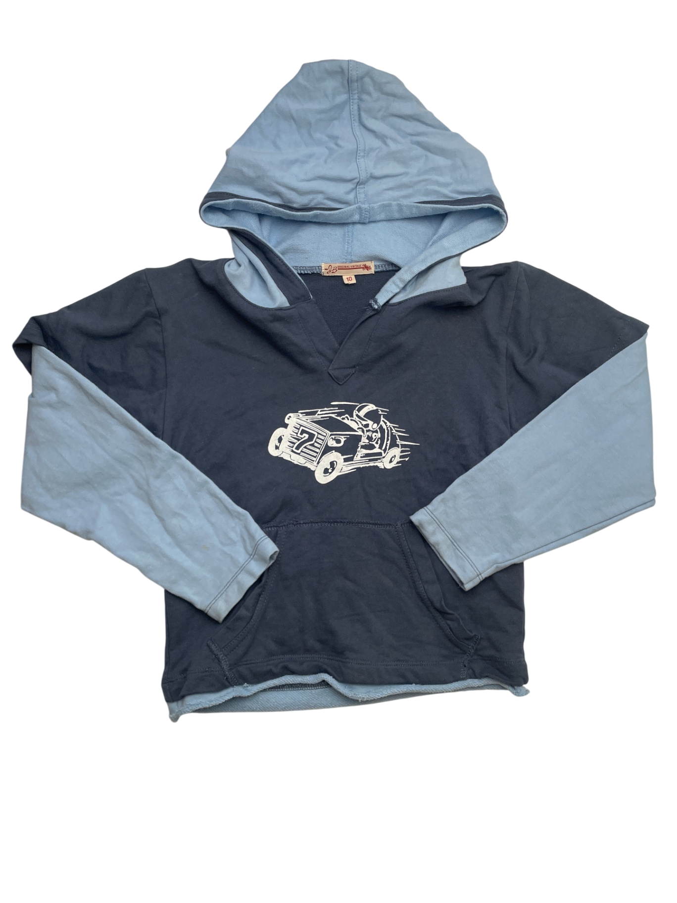 JB Original Vintage Long Sleeve T-Shirt - Blue Racecar Graphic w/ Hood + Front Pocket | size 10