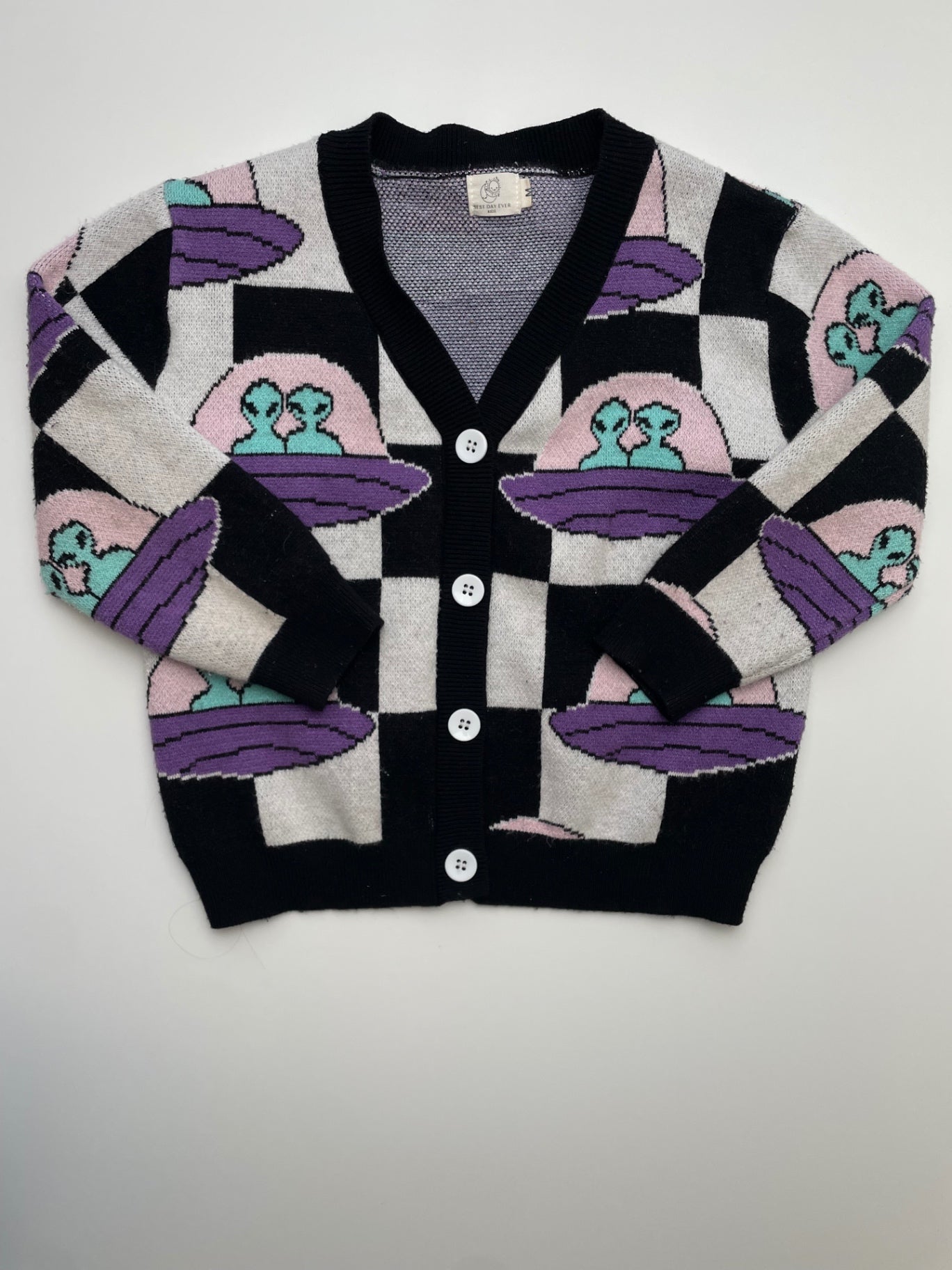 Best Day Ever Kids Sweater - Black Checkered Alien Cardigan | size 3T/4T