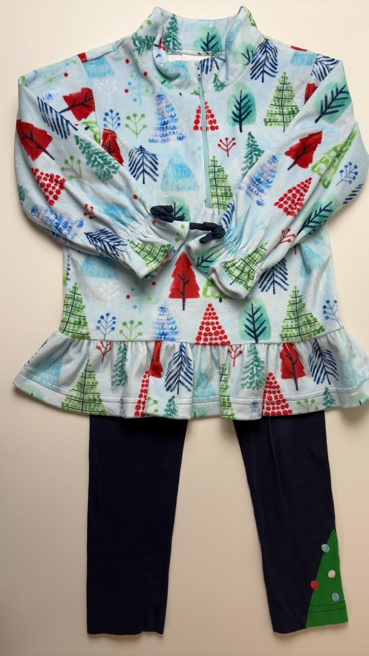 Florence Eiseman 2 Piece Ensemble - Blue Fleece Christmas Tree Tunic + Leggings | size 6