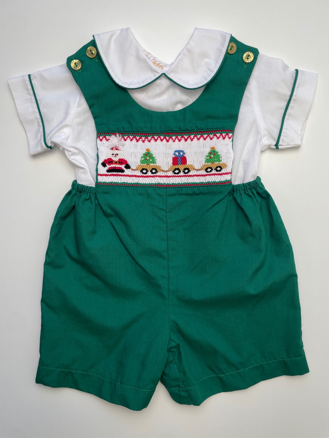 Sir John 2 Piece Ensemble - Green Christmas Smocked Shortall + Shirt | size 6 Months