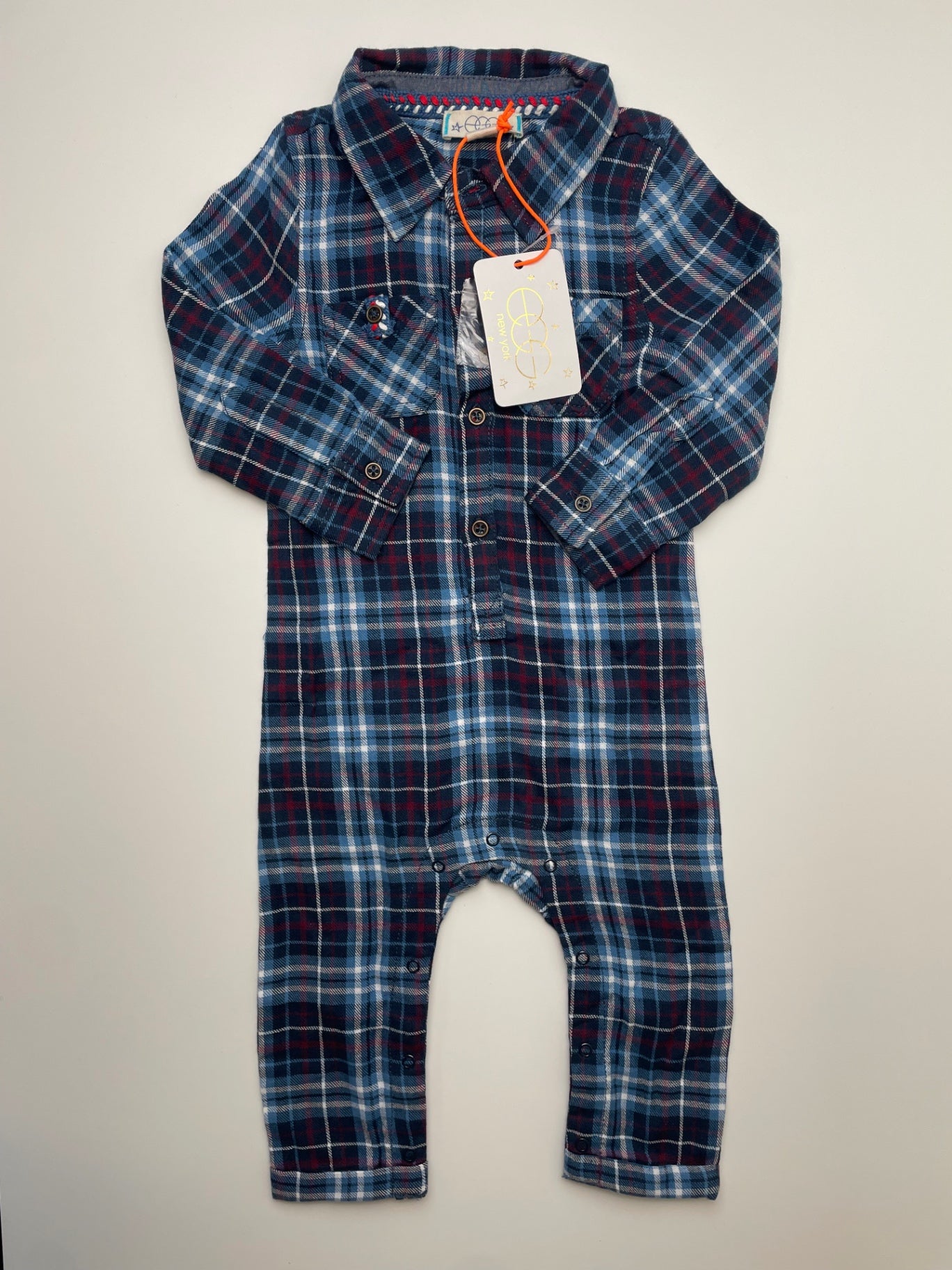 EGG New York Onesie - Navy Blue Plaid Button Up | size 12 Months
