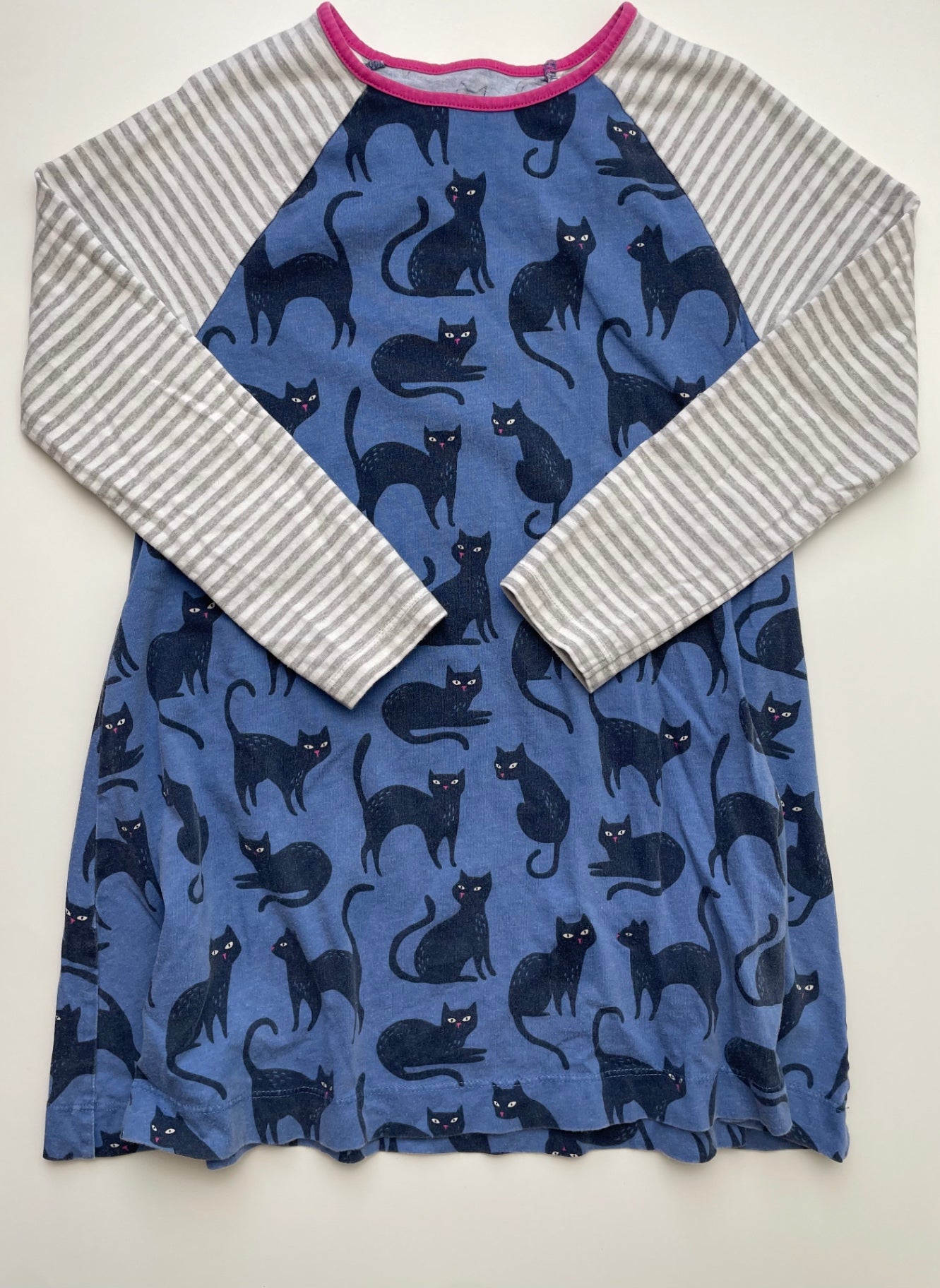 Boden Dress - Blue Cats + Striped Sleeves | size 6/7