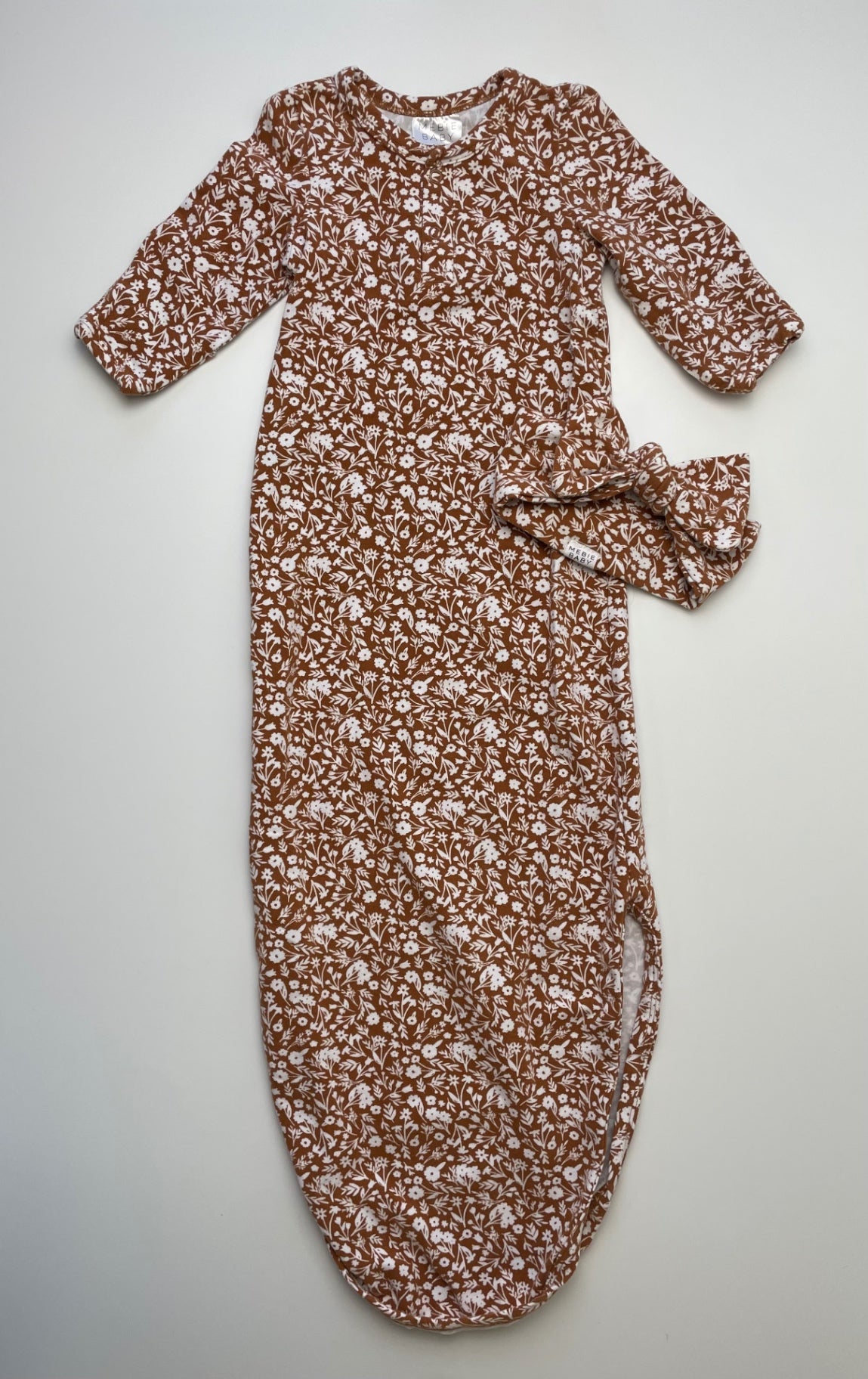 Mebie Baby Onesie - Brown Floral Knotted Gown + Headband | size 0 - 3 Months