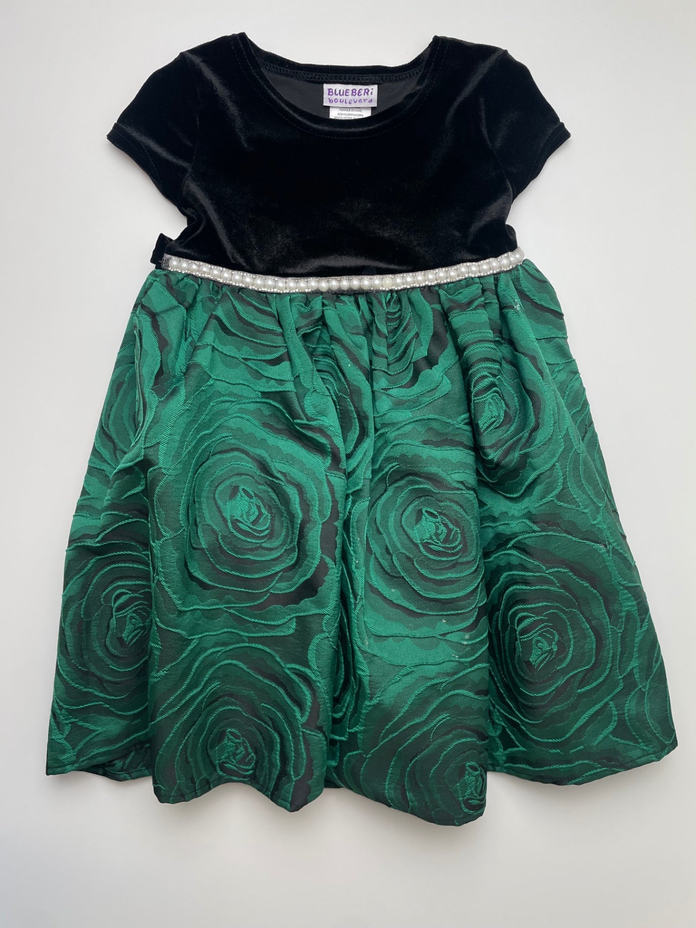 Blueberi Boulevard Dress - Green Velvet + Rose Pattern | size 4T