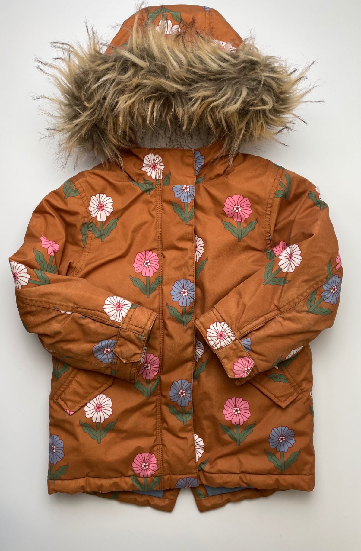 Mini Boden Coat - Yellow Floral Sherpa Lined Puffer + Fur Hood | size 3T/4T